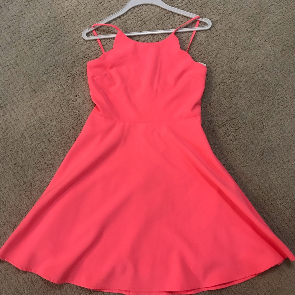Scalloped, Low Back Neon Pink Skater Dress